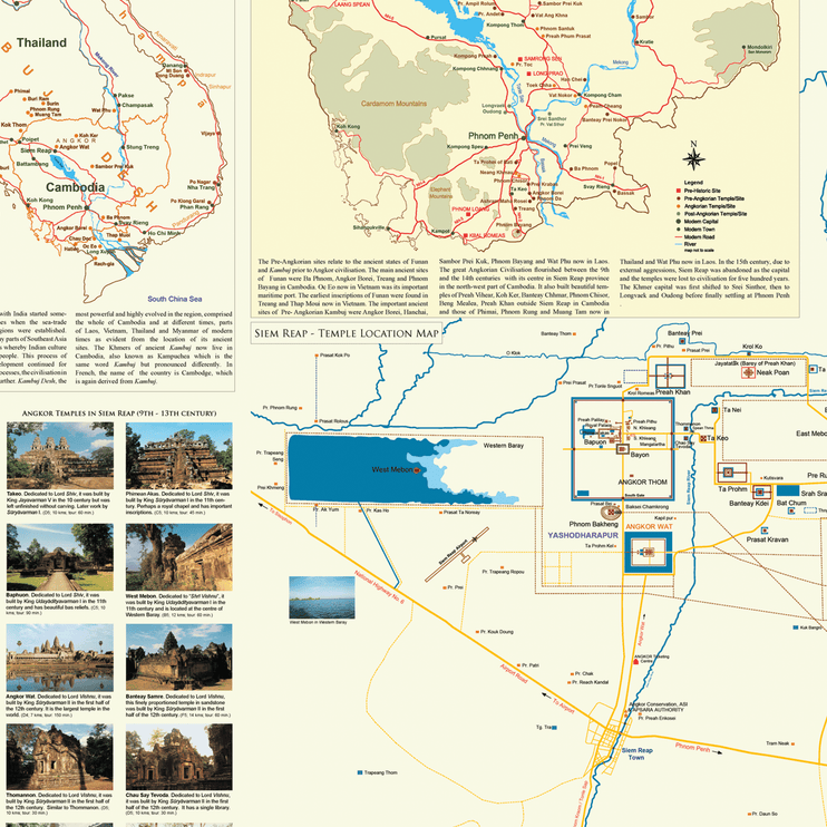 Angkor Temple Location, Cambodia and South-East Asia Wall Map A1