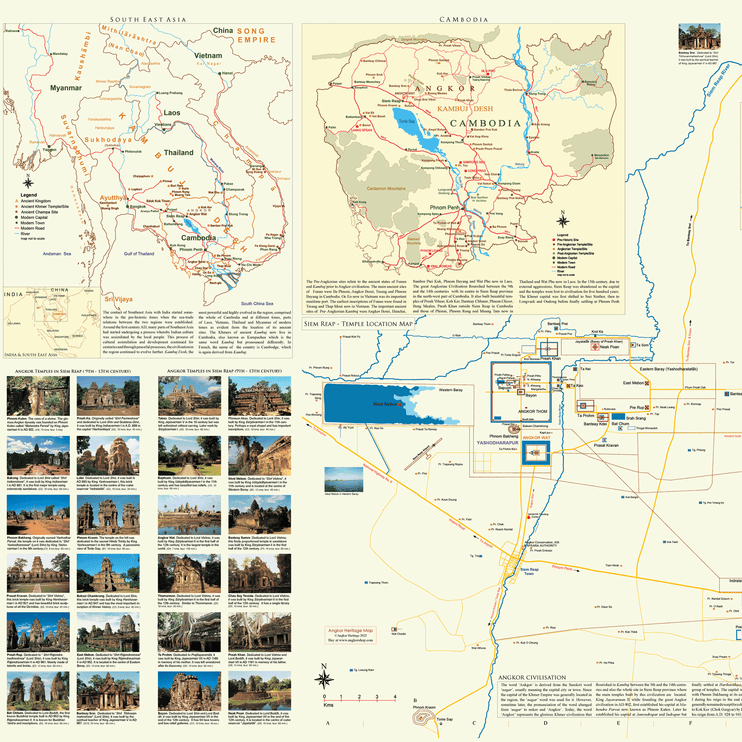 Angkor Temple Location, Cambodia and South-East Asia Wall Map A1